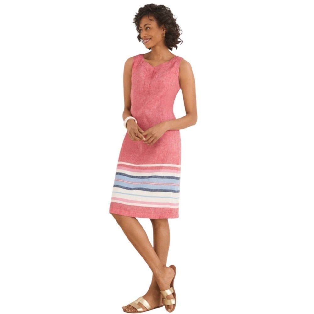 Talbots red 100% linen sleeveless shift dress Seaside Stripe size 6